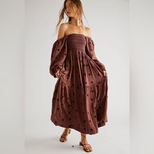 Free People Dahlia Embroidered Maxi Dress in Burgundy Road - Size M